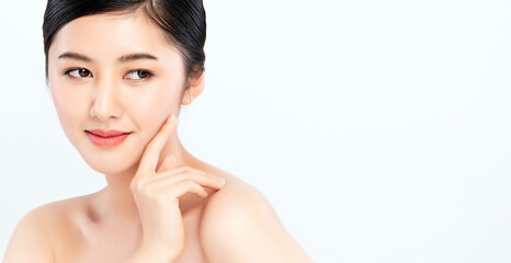 Obraz na płótnie Canvas Beautiful Young asian Woman touching her clean face with fresh Healthy Skin, isolated on white background, Beauty Cosmetics and Facial treatment Concept