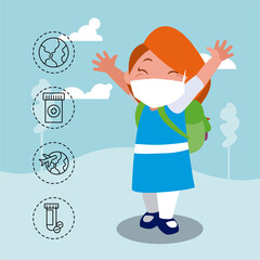 little girl with icons of coronavirus protection and symptoms