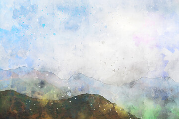 Abstract painting of mountains, nature landscape image, digital watercolor illustration, art for background