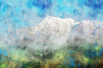 Fototapeta na wymiar Abstract painting of mountains, nature landscape image, digital watercolor illustration, art for background