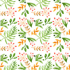 Seamless floral pattern with watercolor pattern of herbs, flowers and twigs isolated on a white background, art painting handmade.