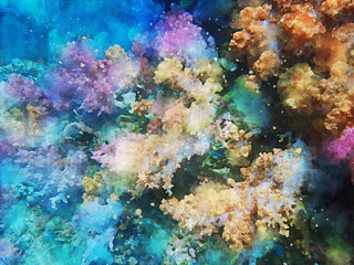 Abstract painting of marine life, underwater landscape image, colorful sea life, digital watercolor illustration, art for background