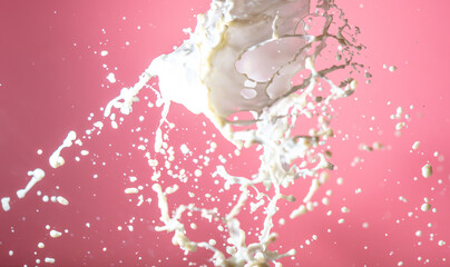 Splashing milk on a pink background.
