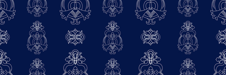 Vector elegan tile ornate seamless pattern. White ornament on luxury elegant blue background Retro hindu monochrome motif