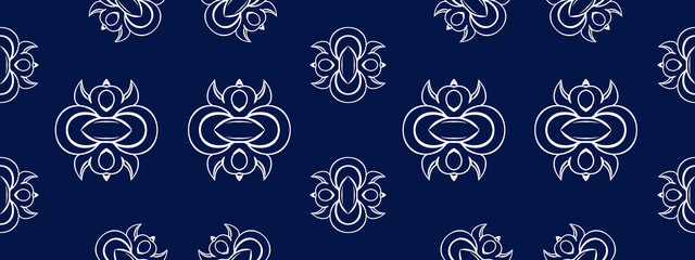 Vector elegan tile ornate seamless pattern. White ornament on luxury elegant blue background Retro hindu monochrome motif