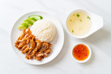 Hainanese chicken rice with fried chicken