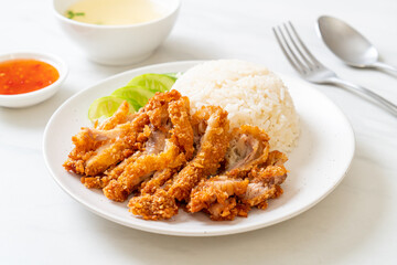 Hainanese chicken rice with fried chicken