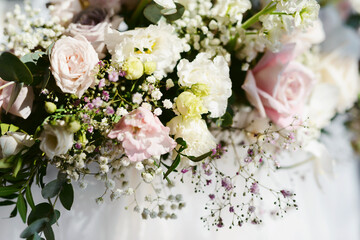 Wedding flower arrangement and decoration. Empty copyspace and space for text. Holiday accessories and backgrounds