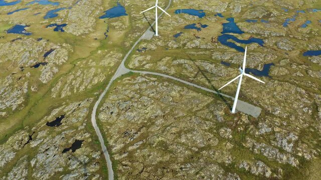 Wind generators in the arctic tundra. Norway, the island of Smola. Aerial view.
