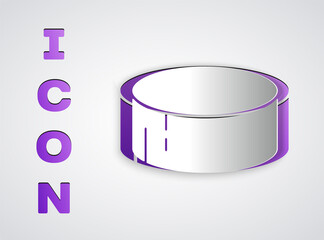 Paper cut Hockey puck icon isolated on grey background. Sport equipment. Paper art style. Vector Illustration.