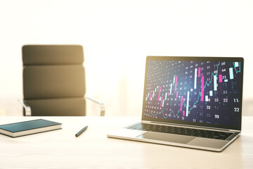 Naklejka premium Modern computer monitor with abstract creative financial chart, research and strategy concept. 3D Rendering