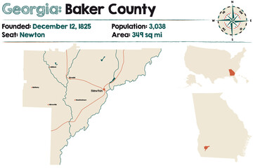 Large and detailed map of Baker county in Georgia, USA.