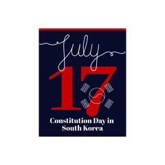 Calendar sheet, vector illustration on the theme of Constitution Day in South Korea on July 17. Decorated with a handwritten inscription JULY and outline flag symbols.