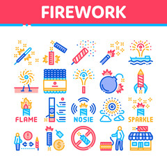 Fototapeta na wymiar Firework Pyrotechnic Collection Icons Set Vector. Flash rocket And Salute, Christmas Explosive Firework And Festival Lights, Concept Linear Pictograms. Color Illustrations