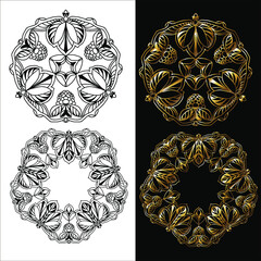 Vector illustration of a black and gold ornament in a circle. Isolated
objects. 