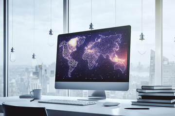Abstract digital world map on modern computer monitor, big data and blockchain concept. 3D Rendering