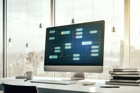 Modern computer display with abstract software development hologram, research and analytics concept. 3D Rendering