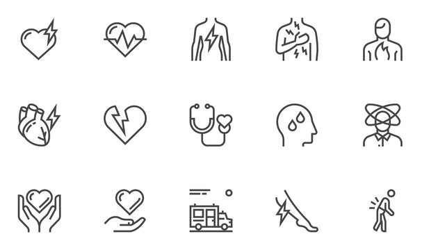 Heart Attack Vector Line Icons. Heart Disease, Symptoms, Cardiology. Editable Stroke. 24x24, 48x48, 96x96 Pixel Perfect.