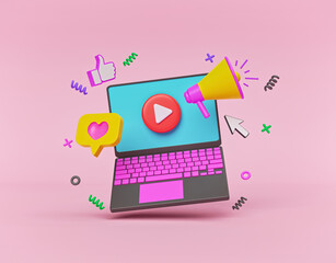 laptop and colorful graphic elements. business advertising and promotion concept. 3d rendering