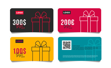 Set of gift cards vouchers with monetary reward in dollars with simple linear gift box illustration, front and back isolated templates with qr code place