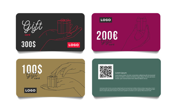 Set of gift cards vouchers with hand giving a small present box in dofferent positions, premium segment template voucher layut for jewelry store - Powered by Adobe