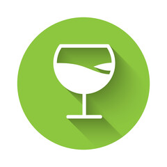 White Wine glass icon isolated with long shadow. Wineglass sign. Green circle button. Vector Illustration.
