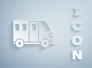 Paper cut School Bus icon isolated on grey background. Public transportation symbol. Paper art style. Vector Illustration.