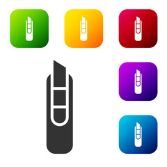 Black Stationery knife icon isolated on white background. Office paper cutter. Set icons in color square buttons. Vector Illustration.