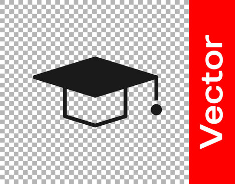 Black Graduation cap icon isolated on transparent background. Graduation hat with tassel icon. Vector Illustration.