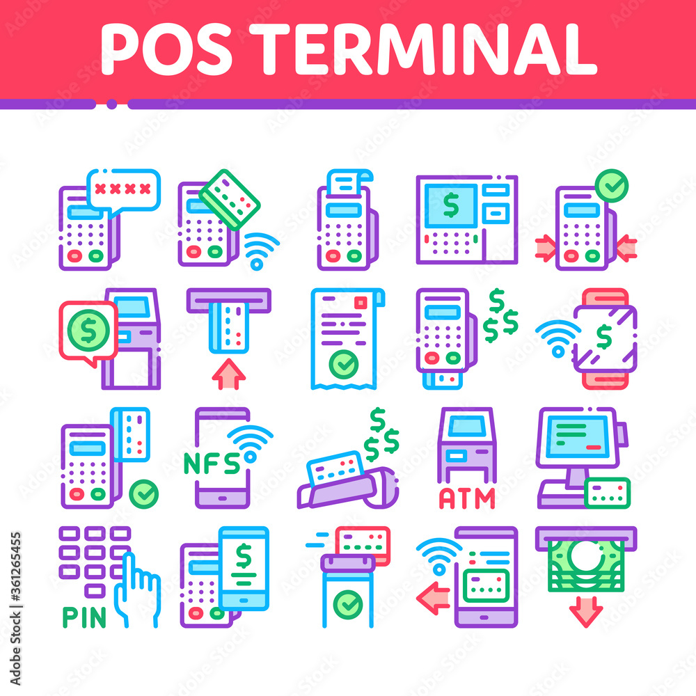 Poster pos terminal device collection icons set vector. bank terminal and atm, smartphone nfc pay system ap