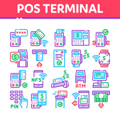 Pos Terminal Device Collection Icons Set Vector. Bank Terminal And Atm, Smartphone Nfc Pay System Application And Watch Pin Code And Money Concept Linear Pictograms. Color Illustrations