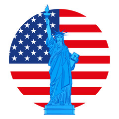 Statue of Liberty on background with American flag, United States, vector illustration