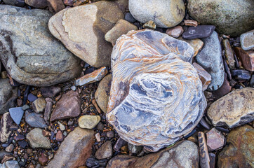 Fototapeta na wymiar Stone rock fragment on the bank of a mountain river.
