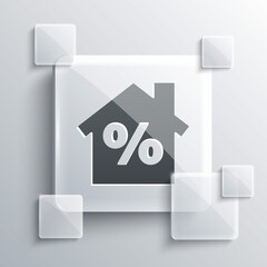 Grey House with percant discount tag icon isolated on grey background. Real estate home. Credit percentage symbol. Square glass panels. Vector Illustration.