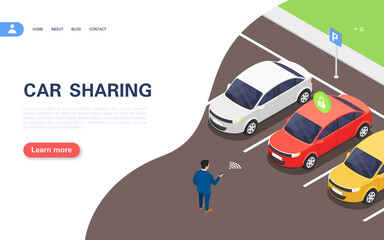 Car sharing concept banner. A man using the application selects a car in the parking lot for rent.