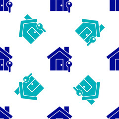 Blue House with key icon isolated seamless pattern on white background. The concept of the house turnkey. Vector Illustration.