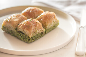 walnut, pistachio turkish style antep baklava presentation and service