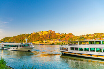 Ehrenbreitstein Fortress medieval building on hill of east steep bank of Rhine river and touristic...