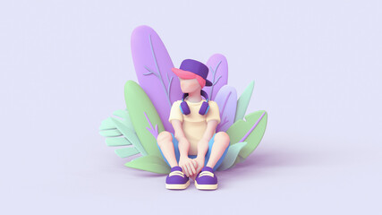 Casual young guy in headphones sits in green purple leaves. Teenager with pink hair in cap, yellow T-shirt, blue shorts enjoys nature. Concept art of meditation and health. 3d render in pastel colors.