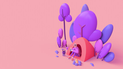 Casual faceless young guy in headphones enjoys nature with a cup of tea in his hand sits in a red tent near the bonfire. Autumn camp with blue purple trees. Minimal 3d illustration on pink background.