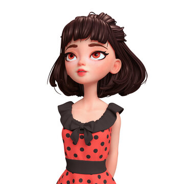 Cartoon character of brunette girl with big brown eyes. Beautiful cute fashion valentines girl in red dress with black polka dots. Portrait of dreamy young woman. 3d render isolated on white backdrop