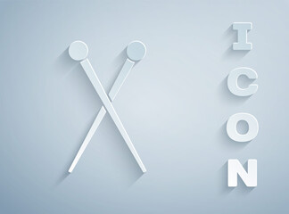 Paper cut Knitting needles icon isolated on grey background. Label for hand made, knitting or tailor shop. Paper art style. Vector Illustration.