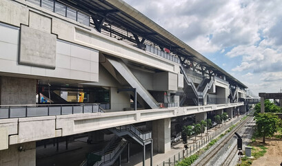 Architecture construction of elevator, escalator stairs and sky walk way, walk bridge between sky train station and department store mall