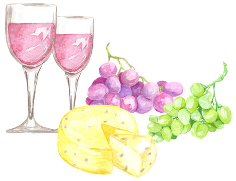 Watercolor still life of two glasses with grapes and cheese. Perfect for printing, textile, web design, souvenir products and other creative ideas.