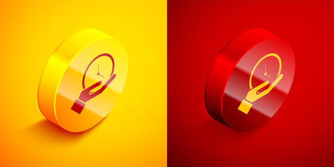 Isometric Clock icon isolated on orange and red background. Time symbol. Circle button. Vector Illustration.