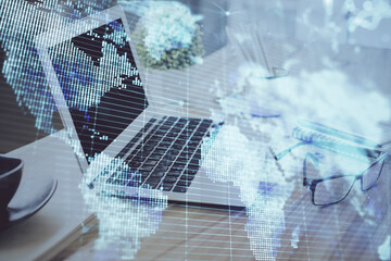 Double exposure of business theme icons and work space with computer background. Concept of success.