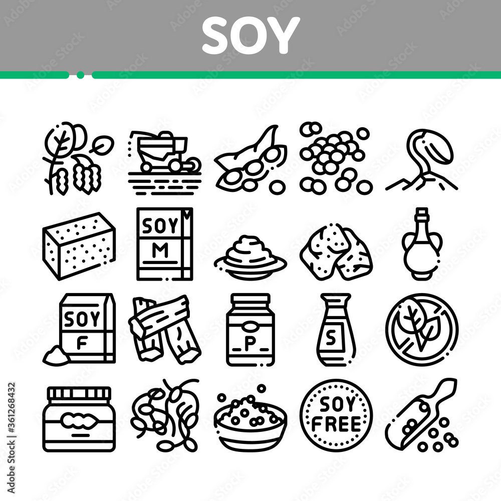 Poster Soy Bean Food Product Collection Icons Set Vector. Agricultural Harvester Harvesting On Farm And Milk Package, Soy Sauce Bottle And Plant Concept Linear Pictograms. Monochrome Contour Illustrations