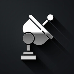 Silver Radar icon isolated on black background. Search system. Satellite sign. Long shadow style. Vector Illustration.