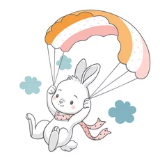 Zelfklevend Fotobehang Schattige dieren Vectorillustratie van een schattig konijntje vliegen met een parachute.