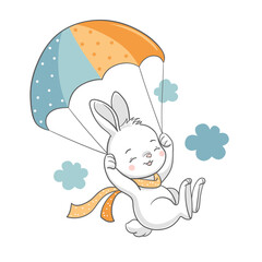 Vector illustration of a cute bunny flying with a parachute.